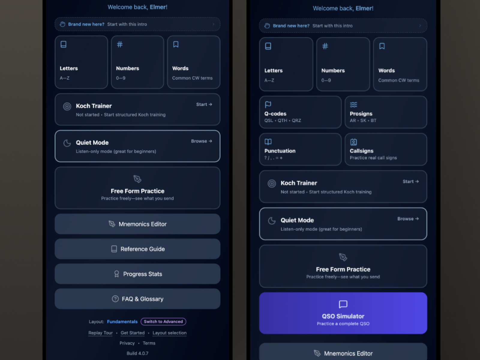 Side by side of Fundamentals and Advanced menu screens