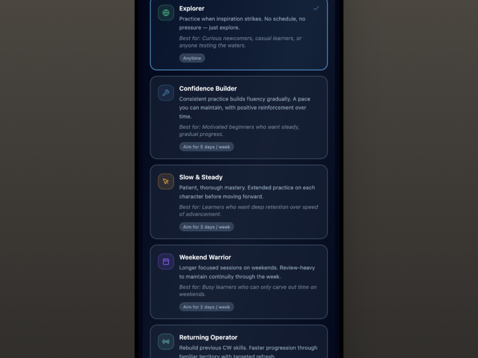 Practice cadence preset selection screen